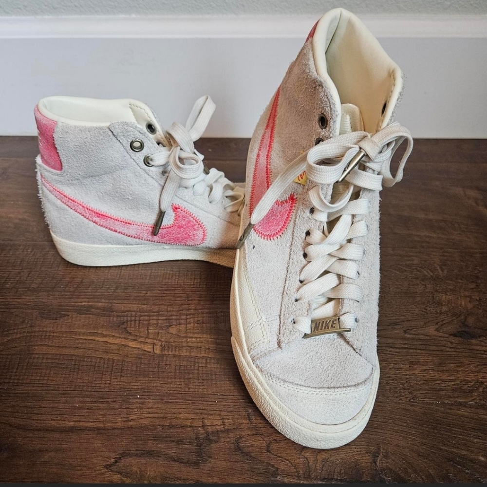 Nike Women's White Suede High-Top Sneakers with Pink Swoosh